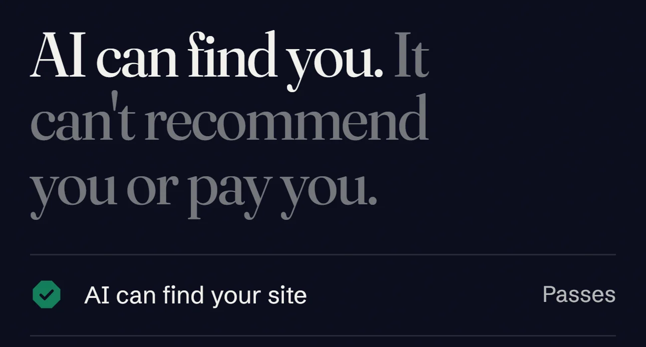 An example shop's real free report: AI can find you. It can't recommend you or pay you.