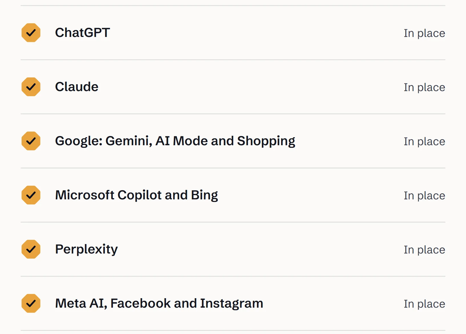 An example shop's Get recommended rows: ChatGPT, Claude, Google, Microsoft Copilot, Perplexity and Meta AI, each In place.