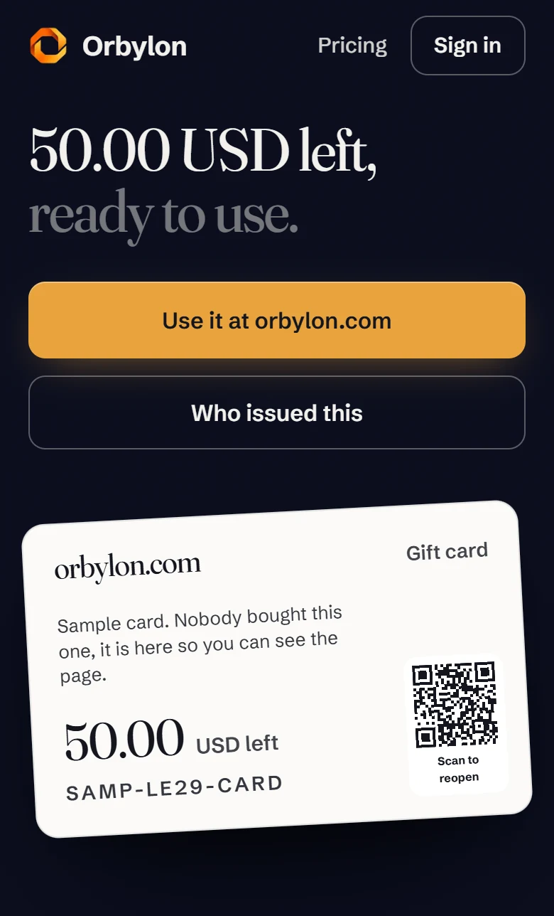 The card's own page answers: 50.00 USD left, ready to use, with its code and a QR code to reopen it.